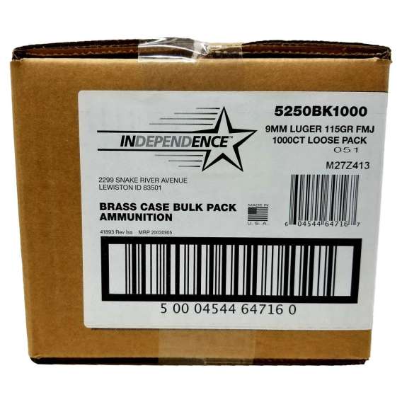 CCI Independence Brass Handgun Ammunition 9mm Luger 115 gr FMJ 1145 fps 1000/ct (Loose Pack)