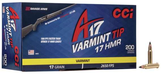CCI A17 Varmint Tip Rimfire Ammunition .17 HMR 17 gr Vtip 2650 fps 200/ct