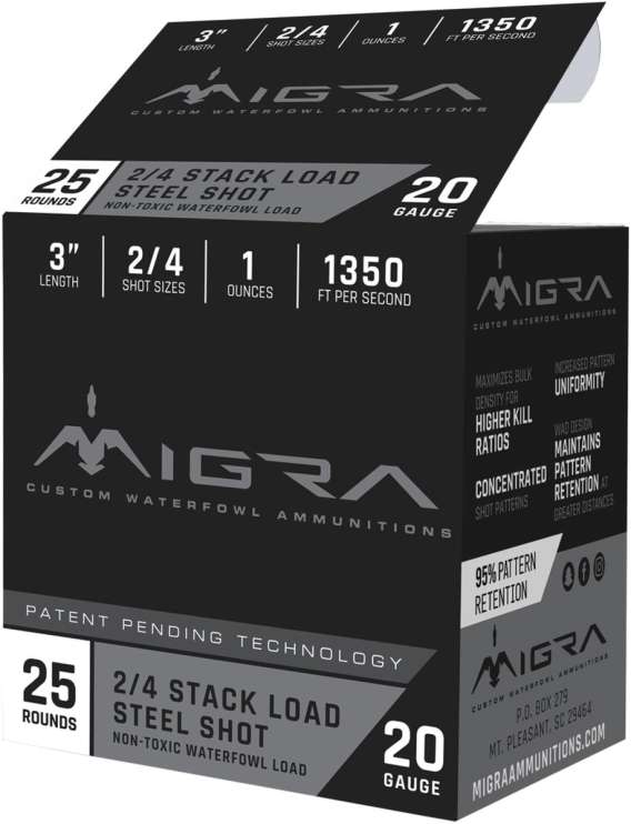 Migra Waterfowl Steel Shot Shotshell 20 ga 3" 1 oz 1350 fps #2 #4 25/ct