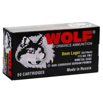 Wolf Performance Steel Case Handgun Ammunition 9mm Luger 115gr FMJ 1130 fps 50/ct