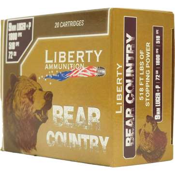 Liberty Bear Country Handgun Ammunition 9mm(+P) 72gr Solid 1850 fps 20/cts